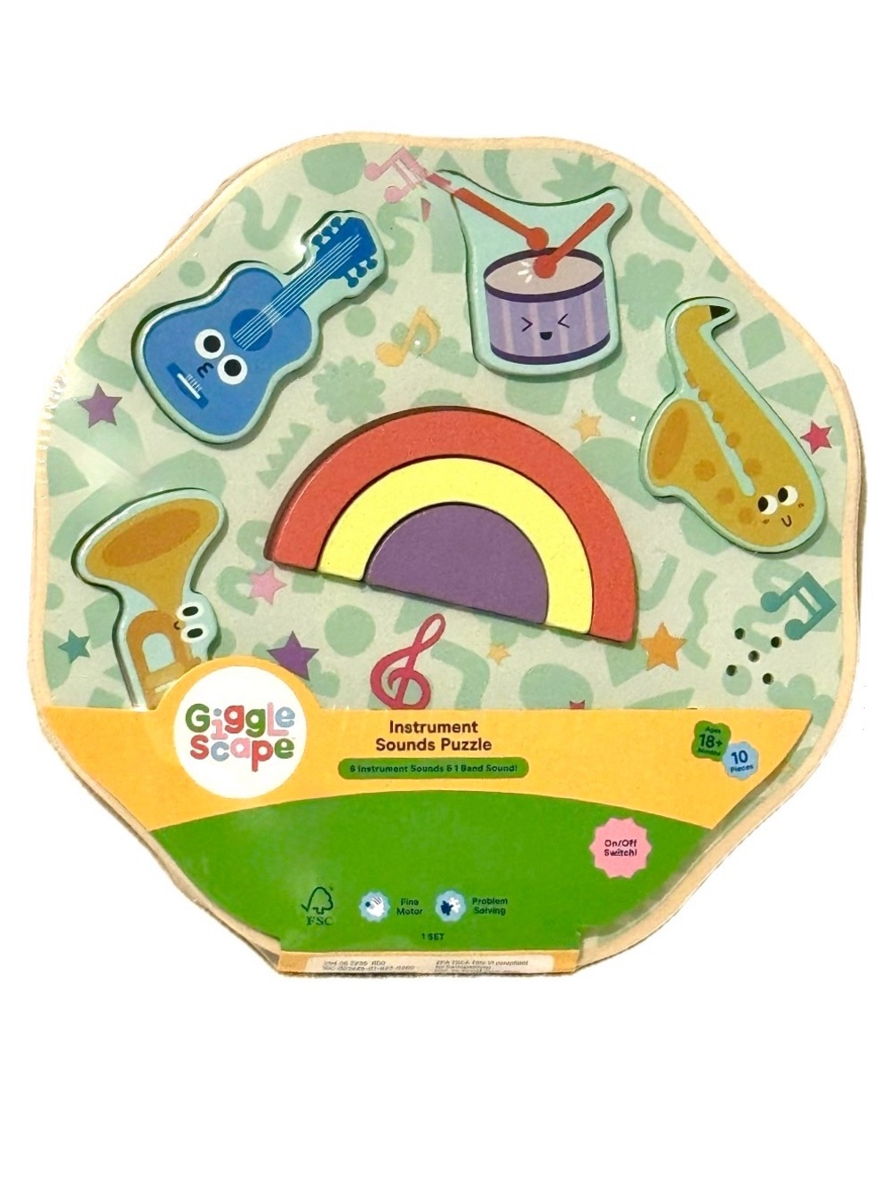 NWT Gigglescape Chunky Wooden Instrument Sound Puzzle Toddler Toy
